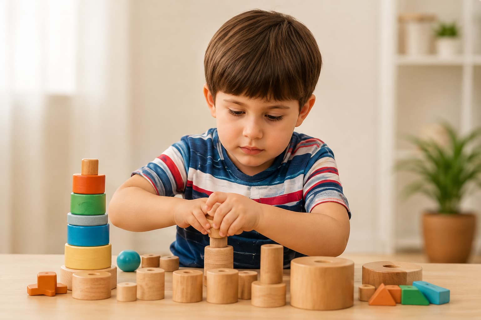 Young child playing with colorful wooden building blocks