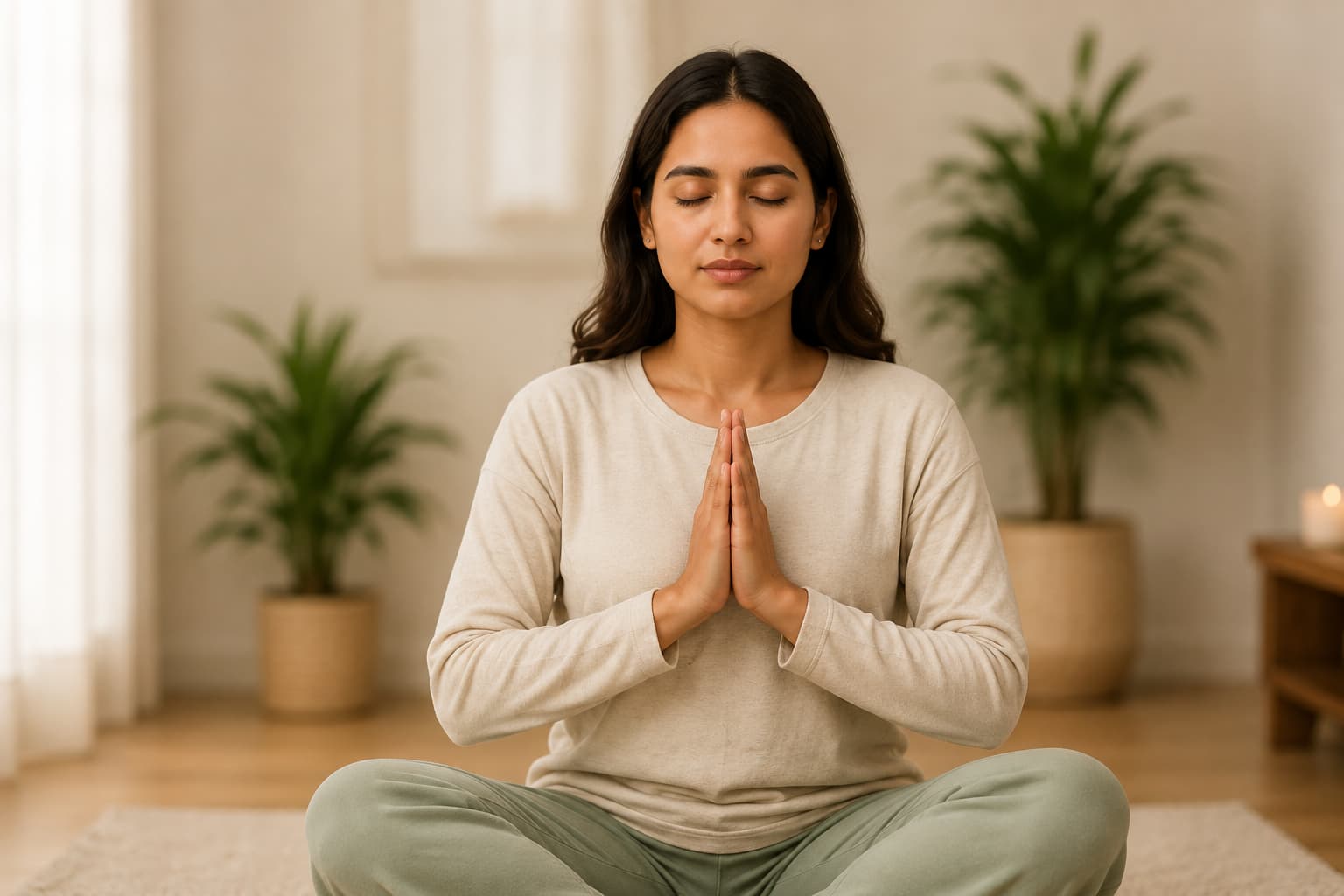 Person practicing peaceful mindfulness meditation with hands together