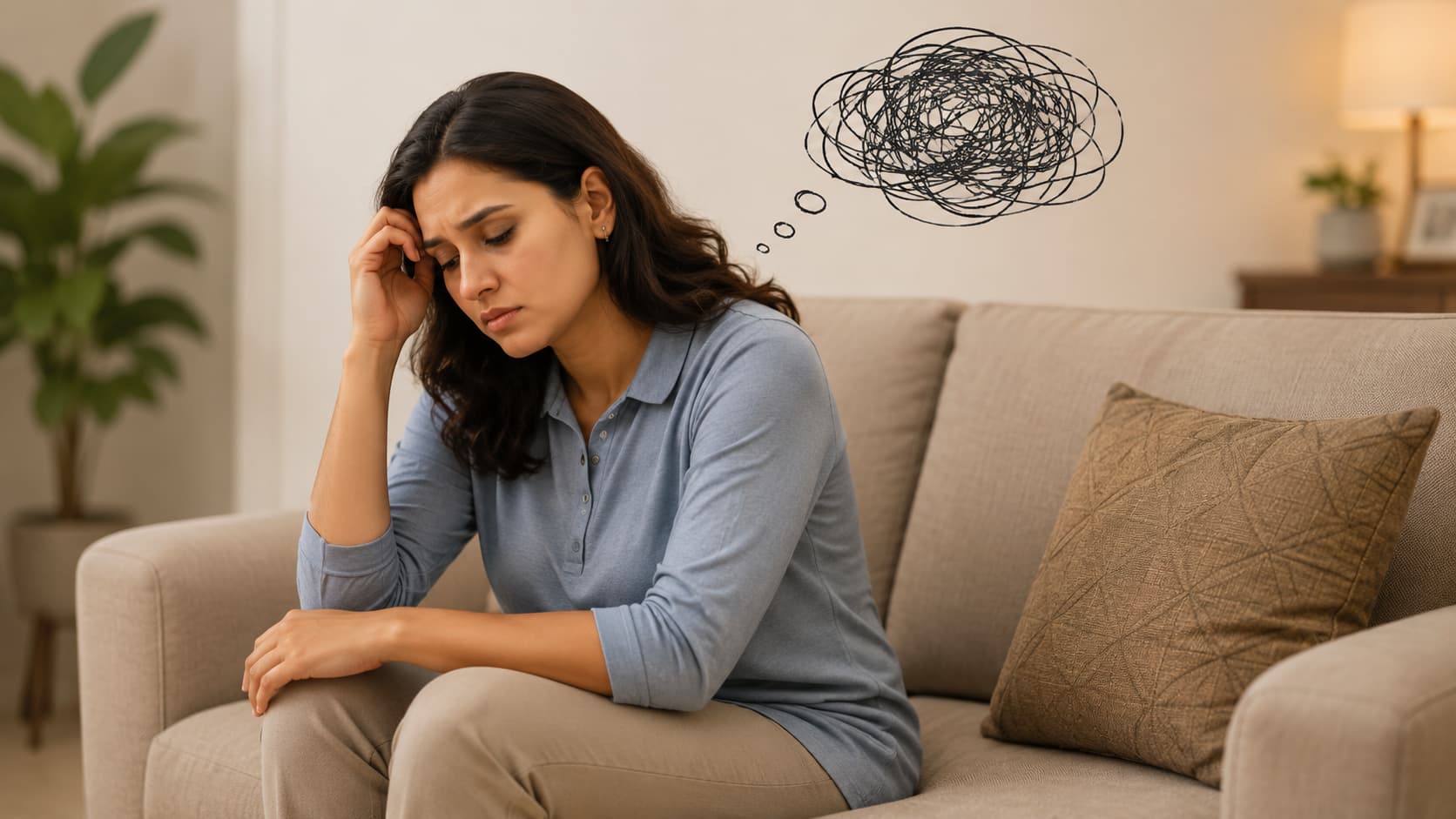 Woman sitting thoughtfully on sofa representing overthinking