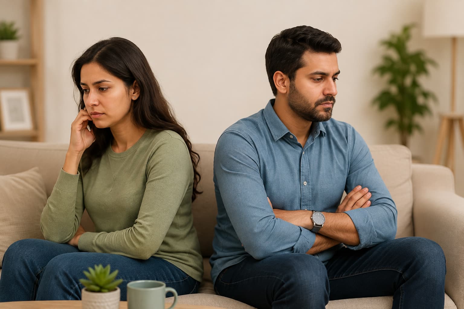 Couple sitting on couch reflecting on relationship communication
