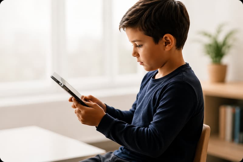 Child using a digital tablet, illustrating screen-time effects on development